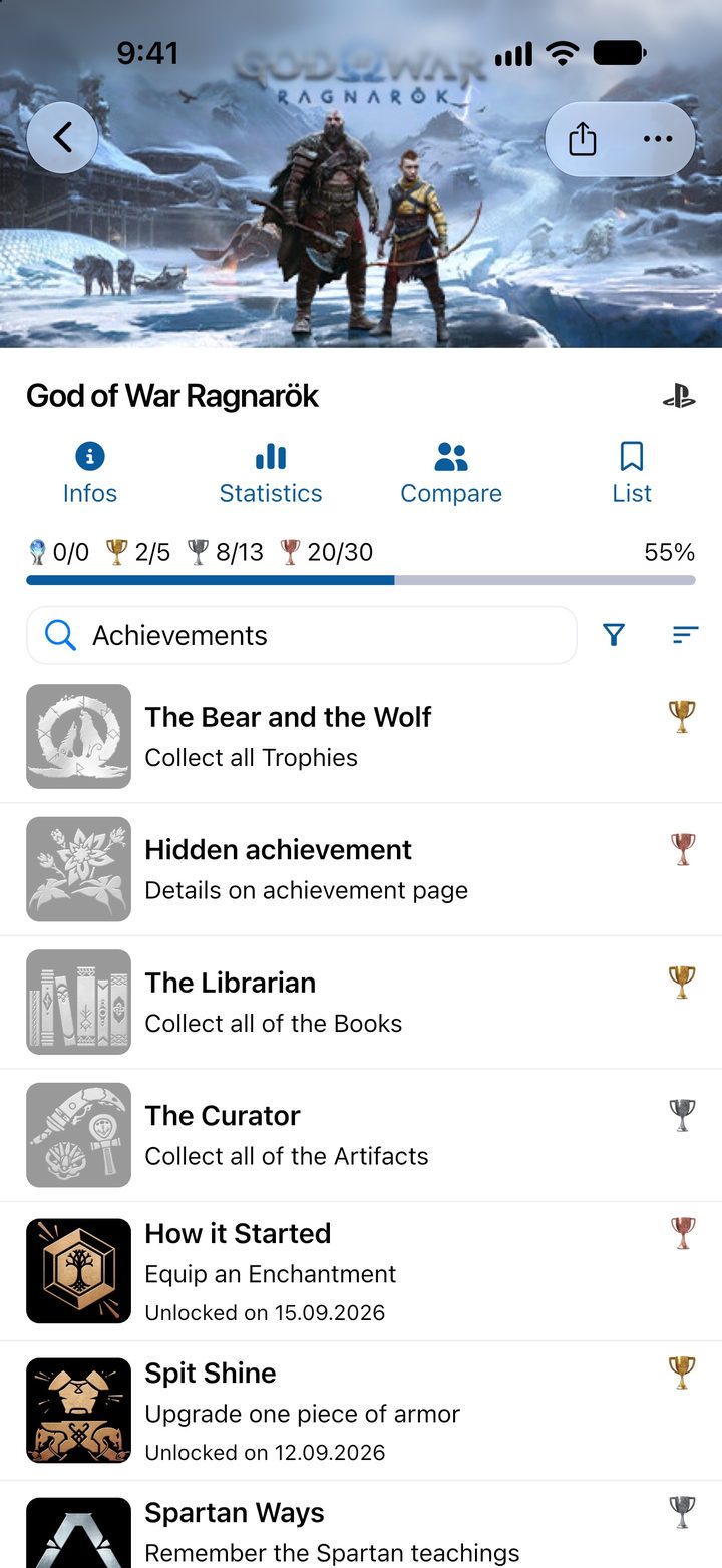 Game page for God of War Ragnarök with platinum, gold, silver and bronze trophies