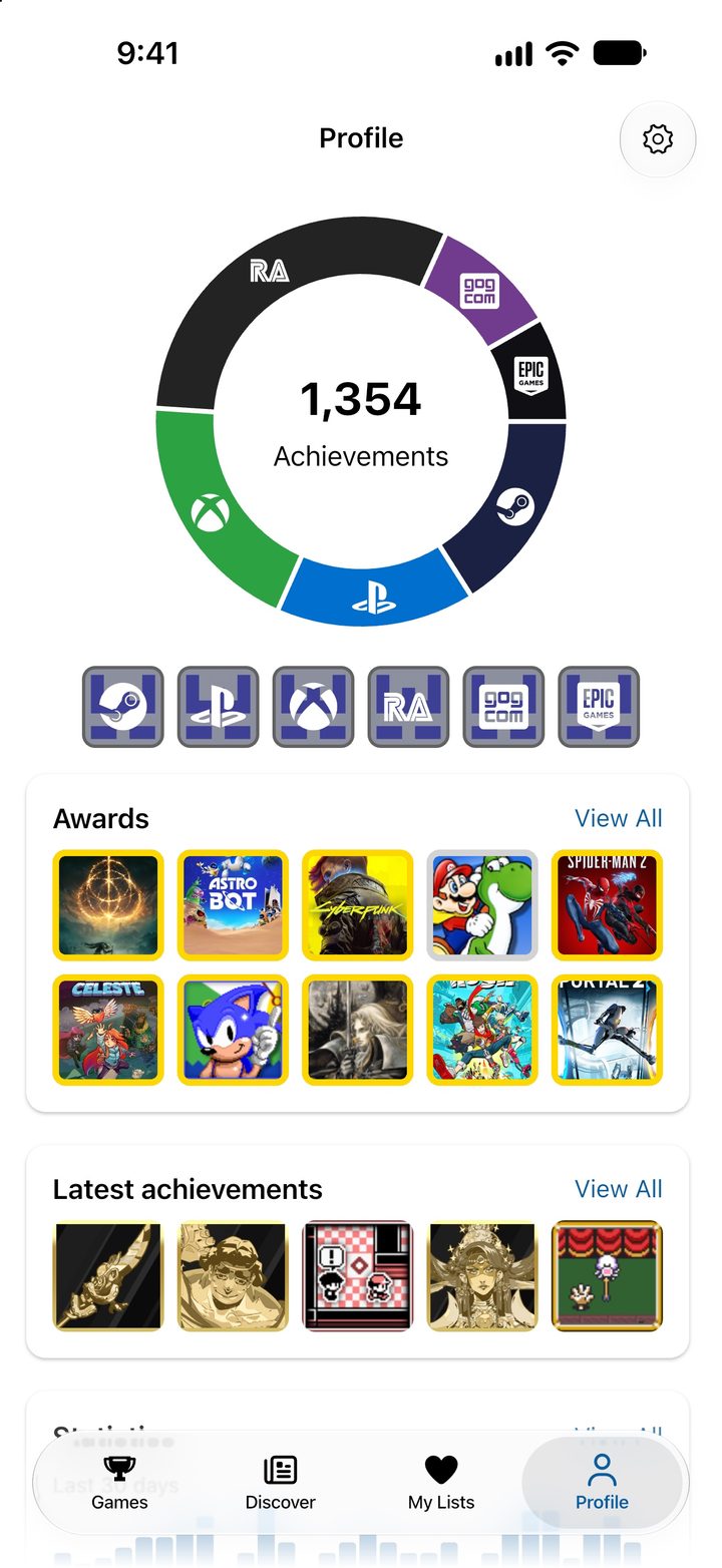 Profile screen with the total number of achievements across all connected platforms