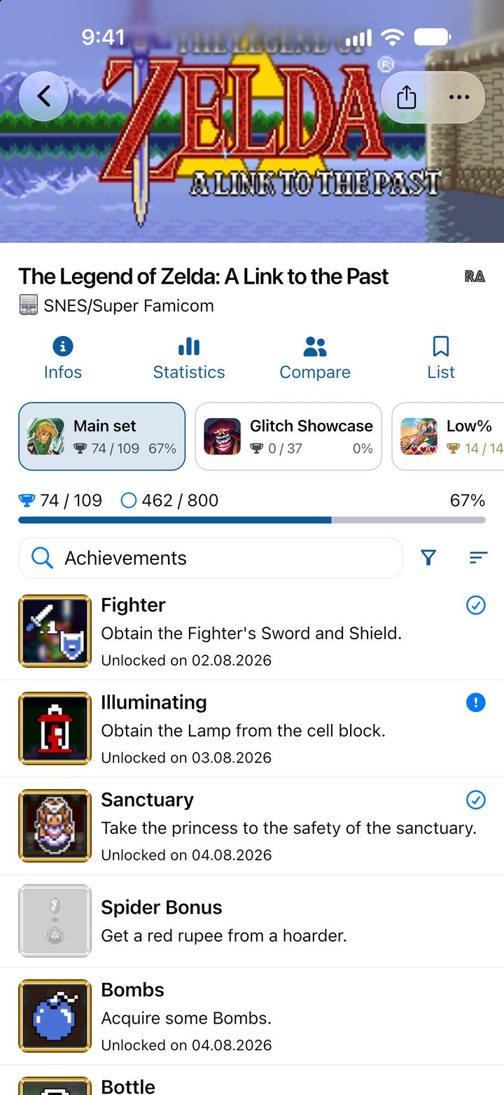 RetroAchievements game The Legend of Zelda: A Link to the Past with the main set, subsets and hardcore and softcore progress