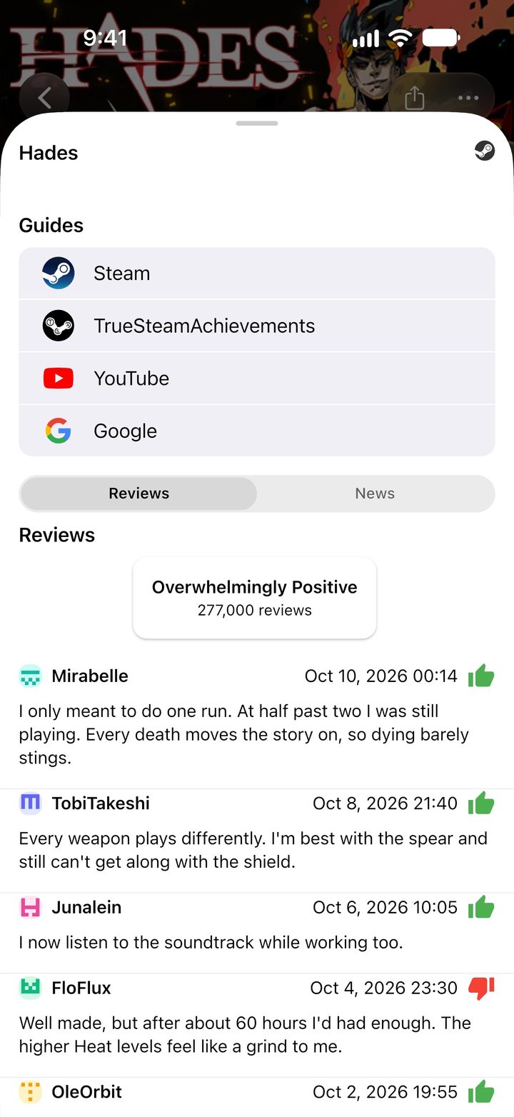 Hades info with the Steam rating “Overwhelmingly Positive” and the latest reviews