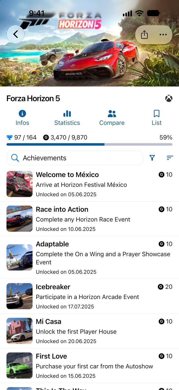 Game page for Forza Horizon 5 with Gamerscore and the achievement list